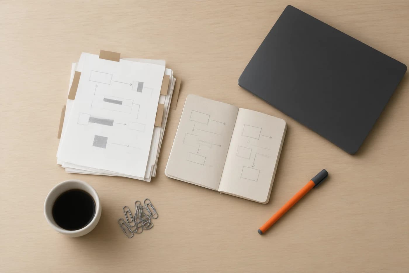 A birch plywood desk from above: a stack of working papers flagged with kraft tabs, an open notebook with pencil process boxes and arrows, a closed laptop, an orange felt pen, paper clips and a cup of black coffee