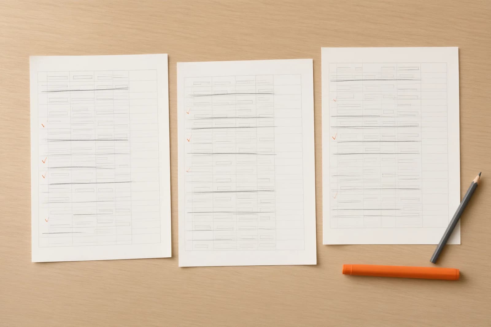 3 ledger sheets side by side on an oak table, rows underlined in pencil and checked with small orange ticks, a pencil and an orange pen resting beside them