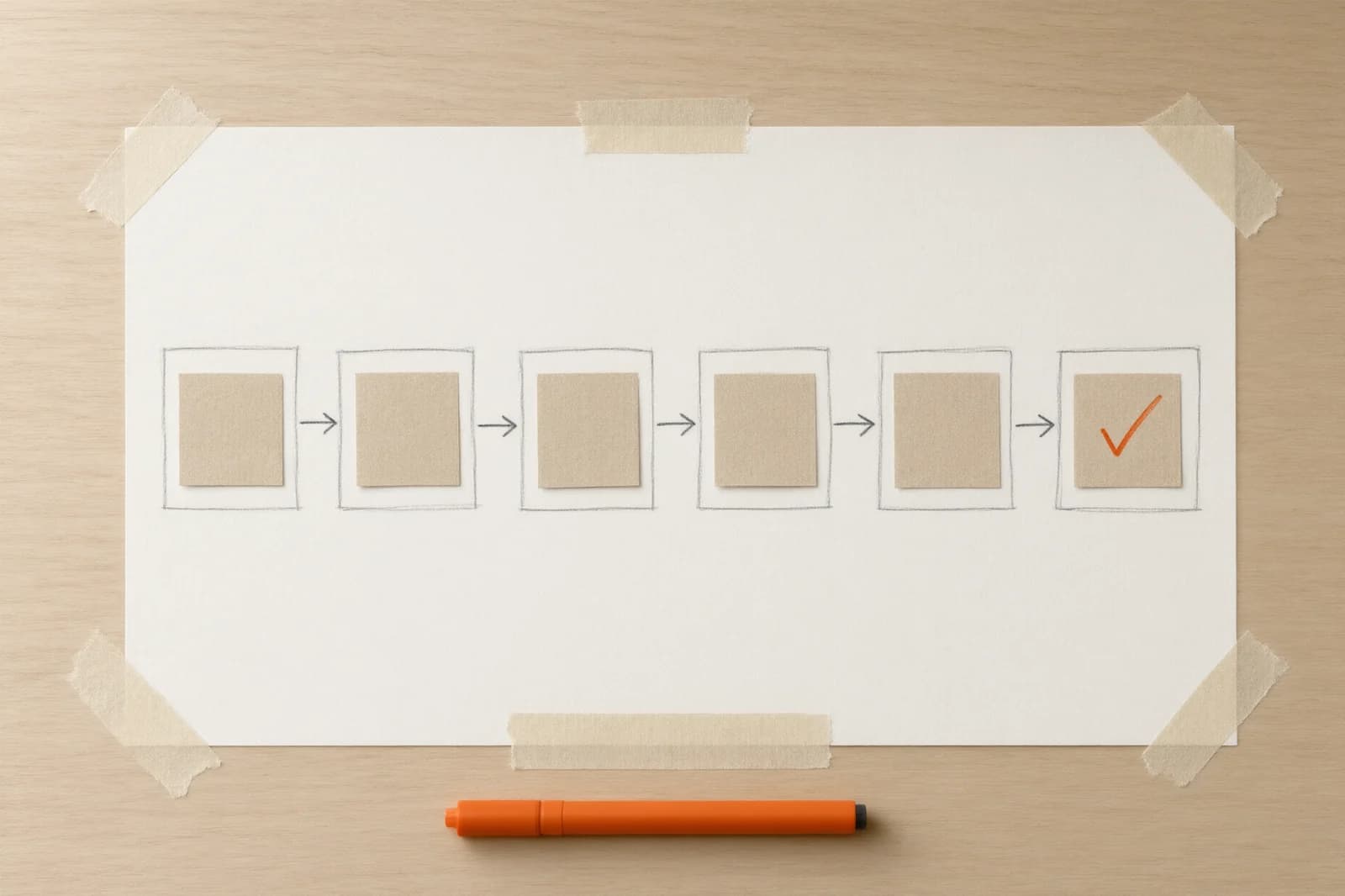 A sheet taped to a table showing an approval flow of 6 pencil boxes joined by arrows, each holding a blank kraft paper square, the last one ticked in orange, an orange pen below