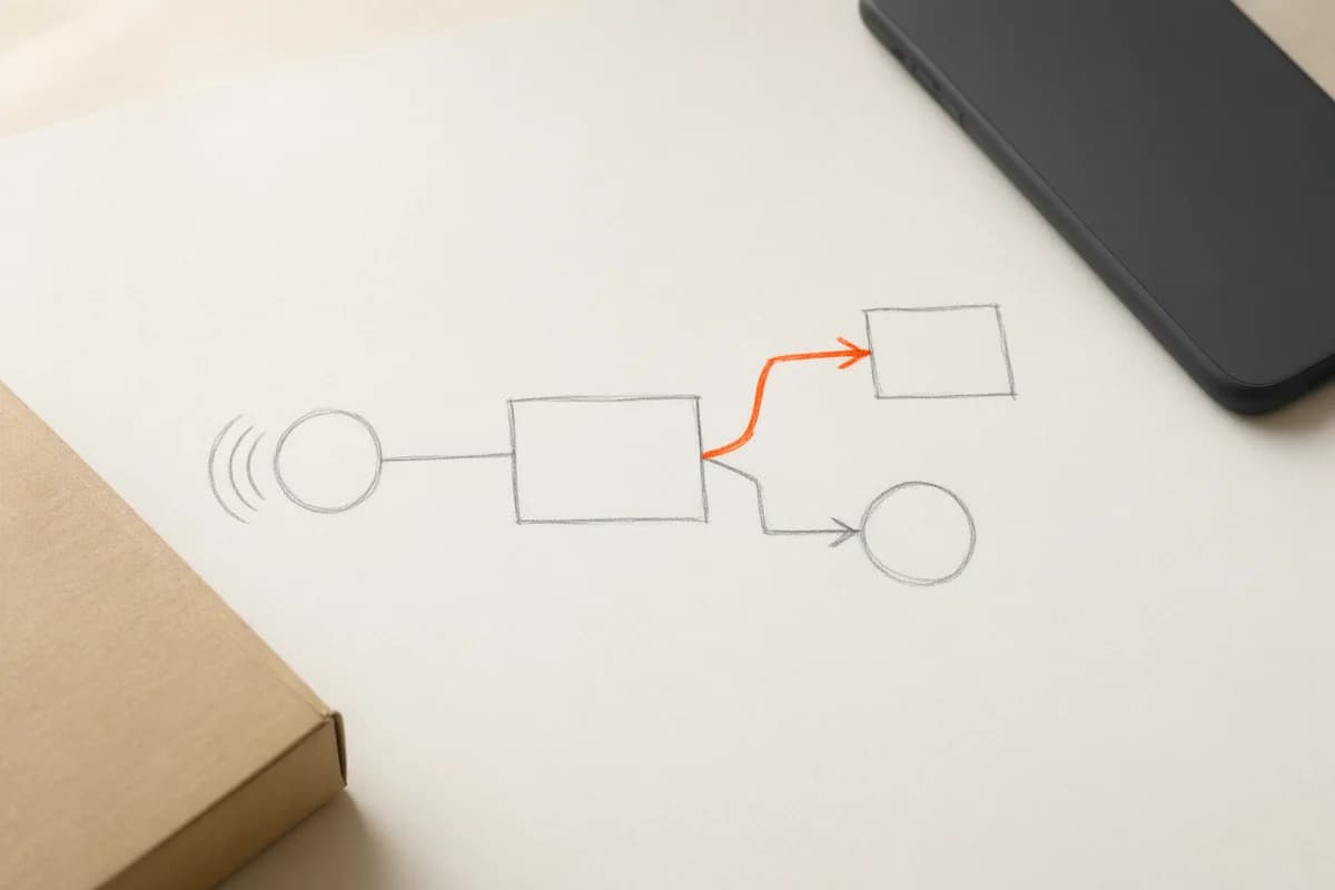 Close-up of a pencil call-flow sketch: a circle with sound-wave arcs linked to a box that branches out, one path traced in orange, with a phone and a parcel at the edge