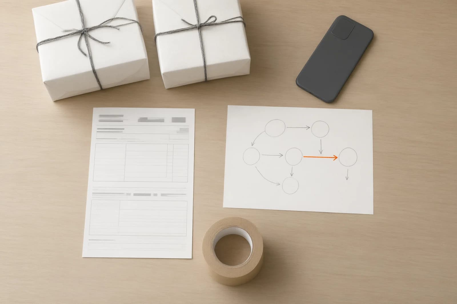 A depot packing desk from above: tied parcels, a phone, a blank waybill form and a hand-drawn call-flow sketch of circles joined by pencil arrows, one traced in orange, beside a roll of kraft tape