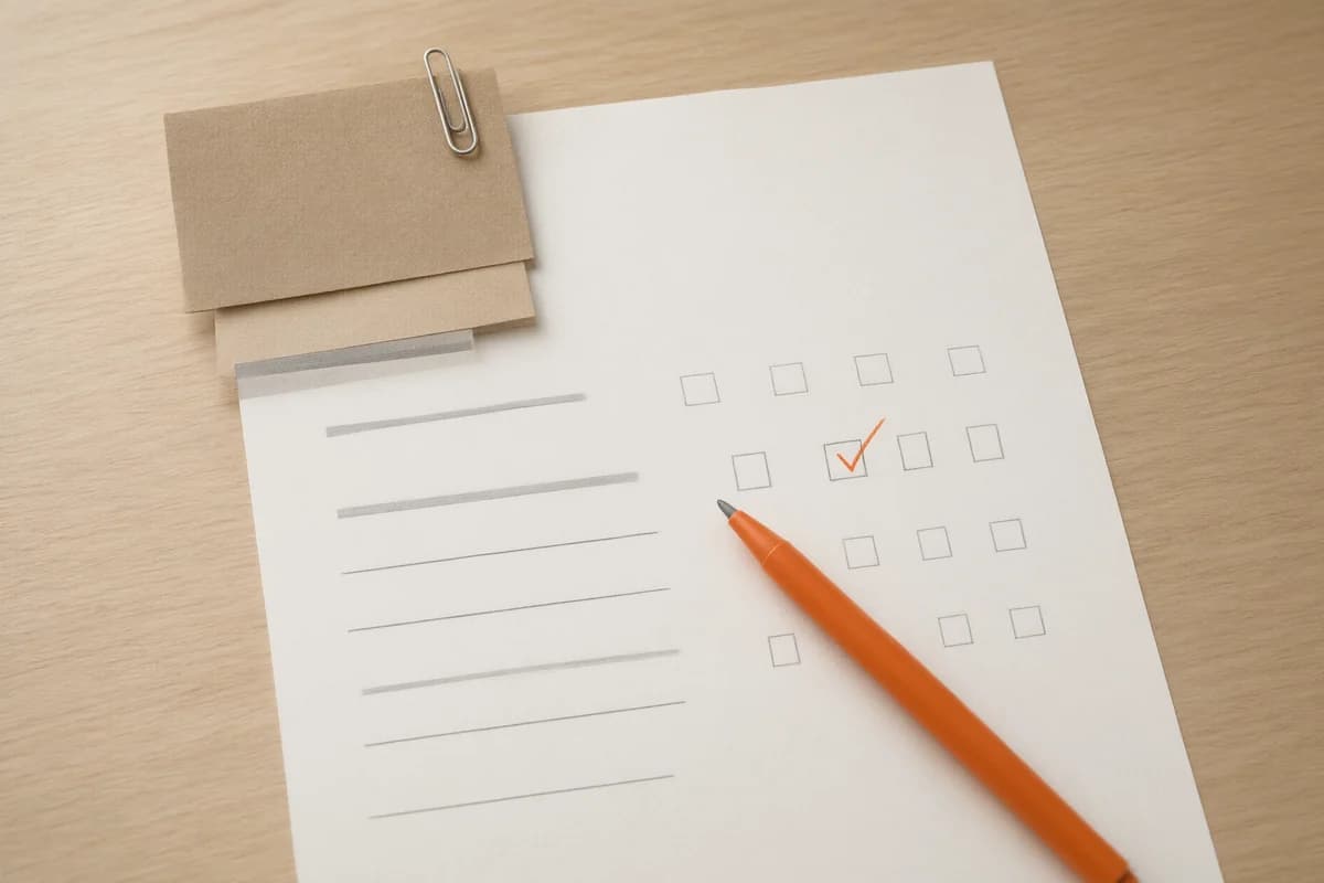 Close-up of a plain sign-off sheet with empty boxes, blank kraft notes under a paper clip, a fresh orange tick and an orange felt pen on an oak desk