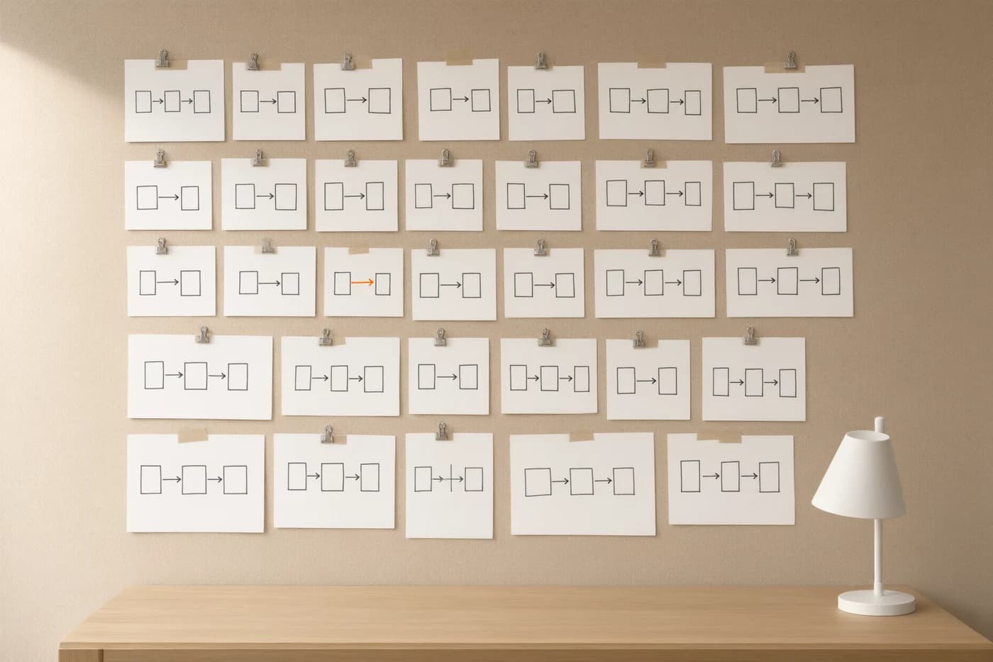 A pinboard holding rows of white cards, each with a pencil workflow of 3 boxes joined by arrows, one arrow drawn in orange, with bulldog clips, masking tape and a white desk lamp in the corner